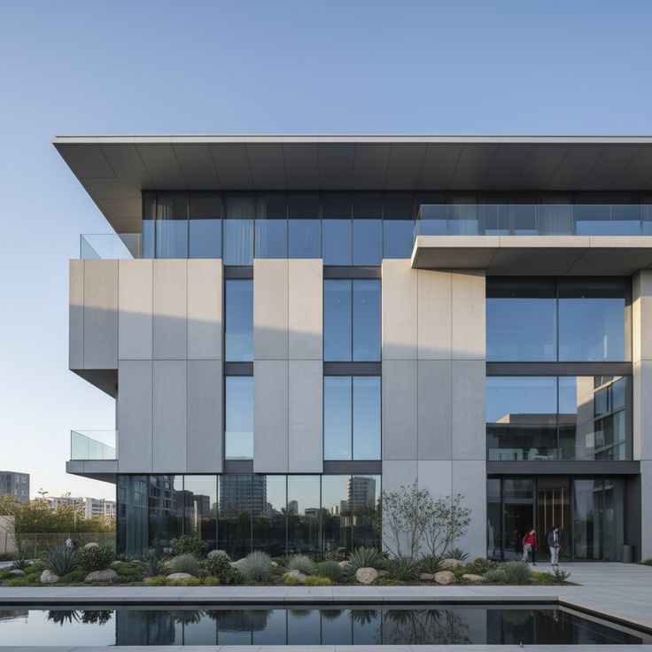 Contemporary building facade with reflecting pool and glass panels
