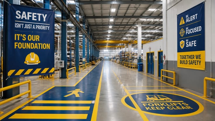 Industrial aisle with epoxy safety markings and warehouse lighting