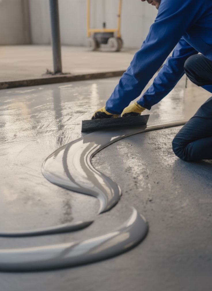 Technician spreading reflective grey floor coating with a hand trowel
