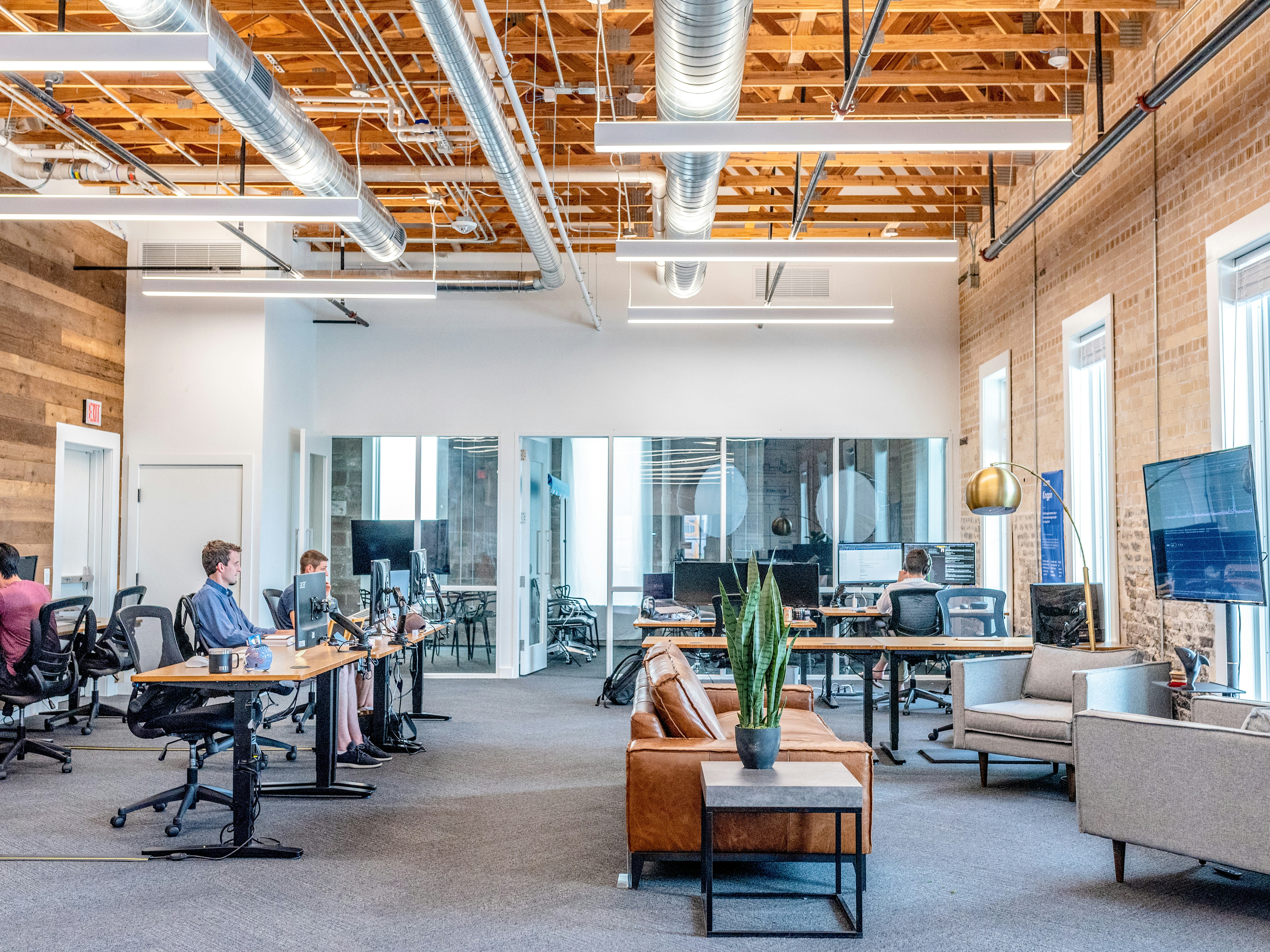 Bright collaborative office with shared desks and natural light